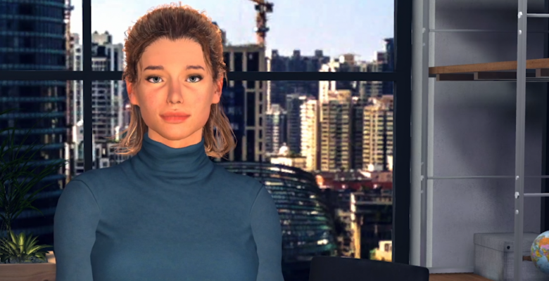 A Virtual Human, blond, female in an office environment.
