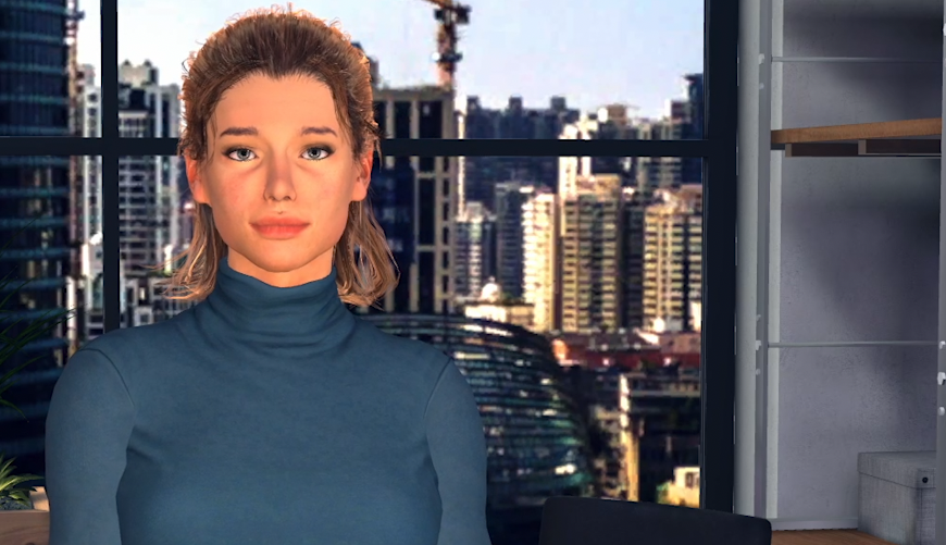 A Virtual Human, blond, female in an office environment.
